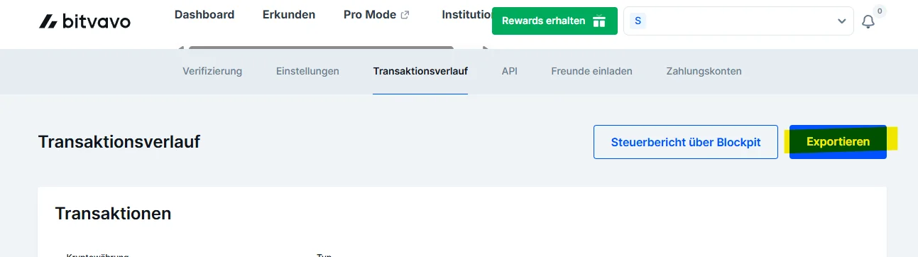Bitvavo Transaktionsverlauf mit grünem Exportieren-Button und Blockpit-Option