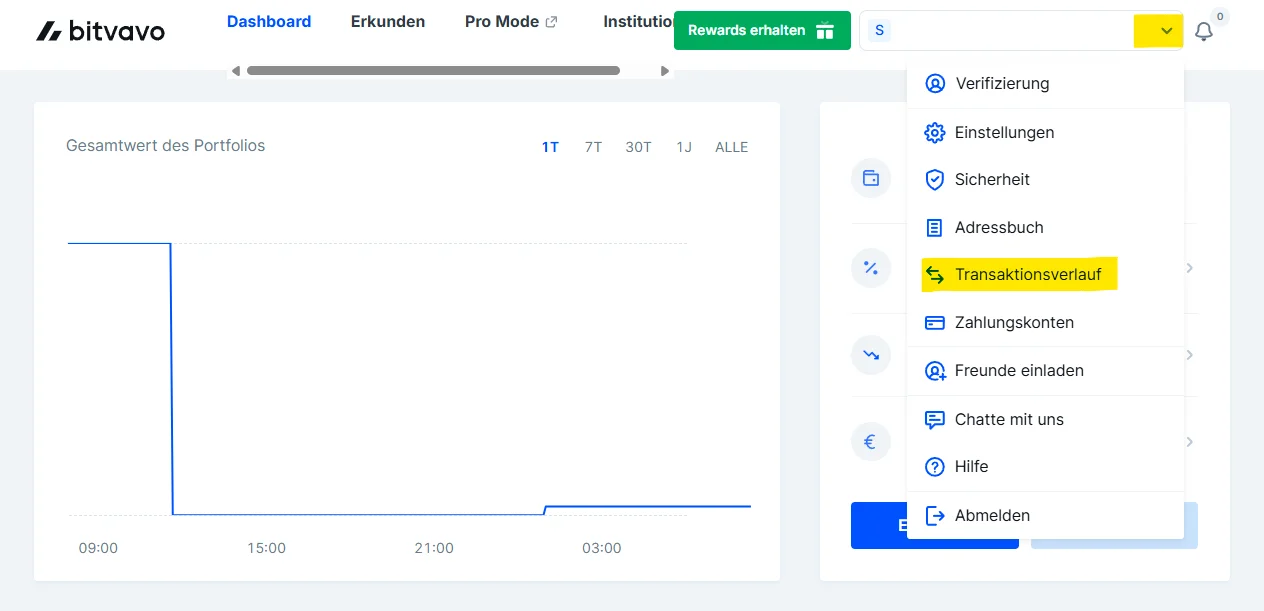 Bitvavo Dashboard mit geöffnetem Profil-Menü und markiertem Transaktionsverlauf