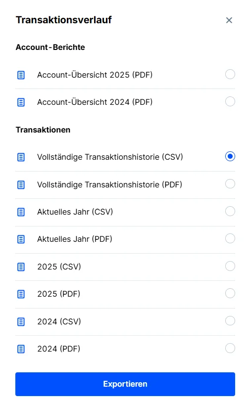 Bitvavo Export-Dialog mit Zeitraum-Auswahl und CSV/PDF-Optionen