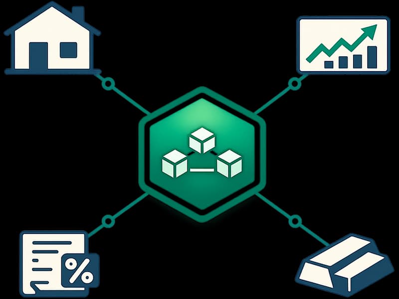 Tokenisierung visualisiert: Aktien, Staatsanleihen und Immobilien werden zu digitalen Token auf der Blockchain
