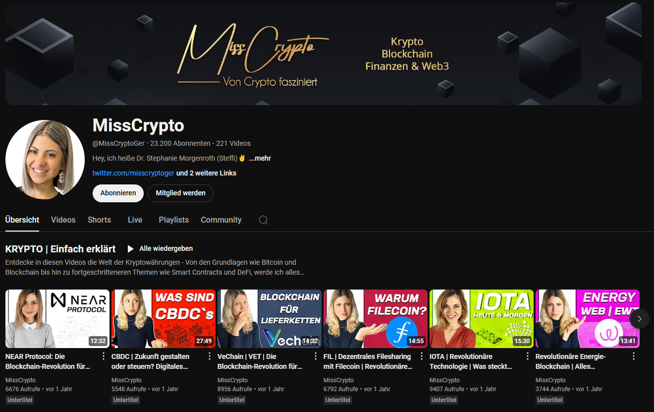 Auf dem Bild ist der Kanal von MissCrypto auf YouTube zu sehen